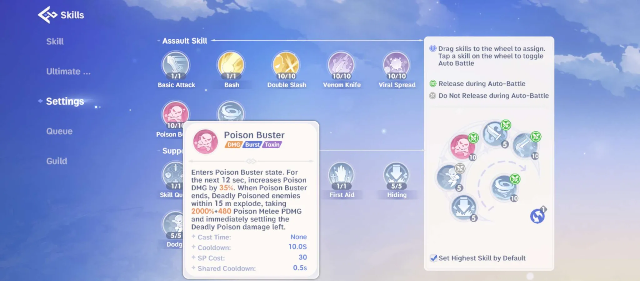 Poison Buster skill details and skill wheel setup