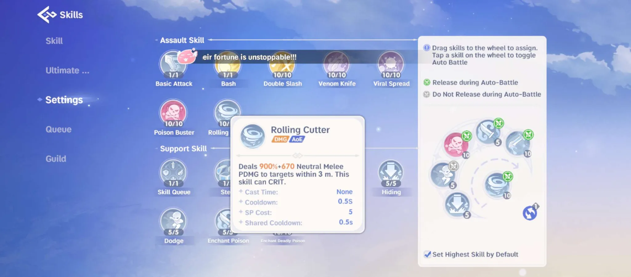 Rolling Cutter skill details and skill wheel setup