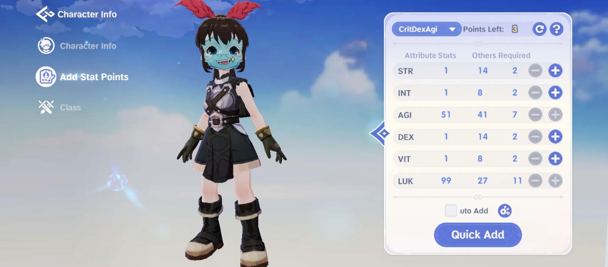 Assassin Cross poison build stat allocation showing CritDexAgi with high LUK and AGI
