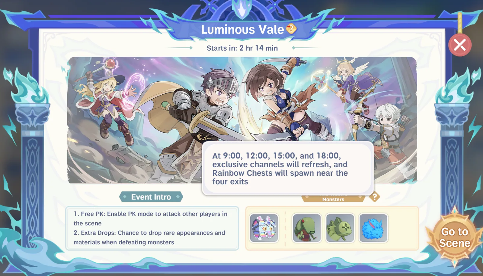Luminous Vale event overview with boss windows and Rainbow Chest notice.