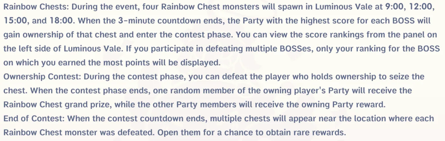 Rainbow Chest ownership and contest phase rules.