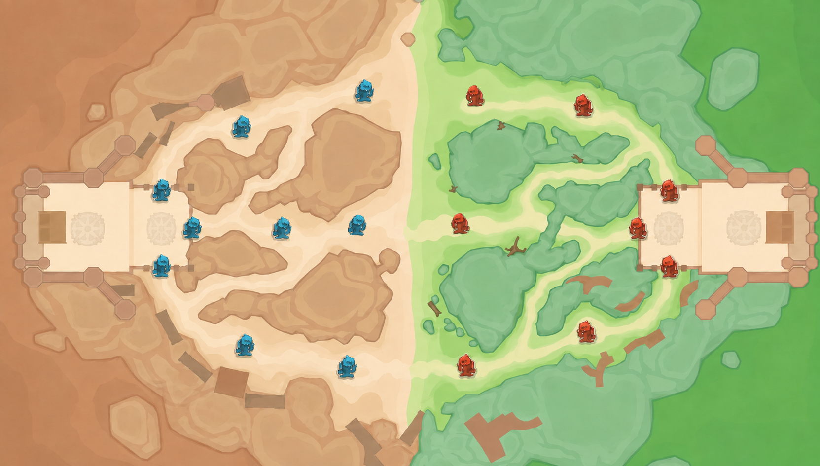 Red side Guild League map view mirrored so our side appears on the left and enemy side appears on the right.
