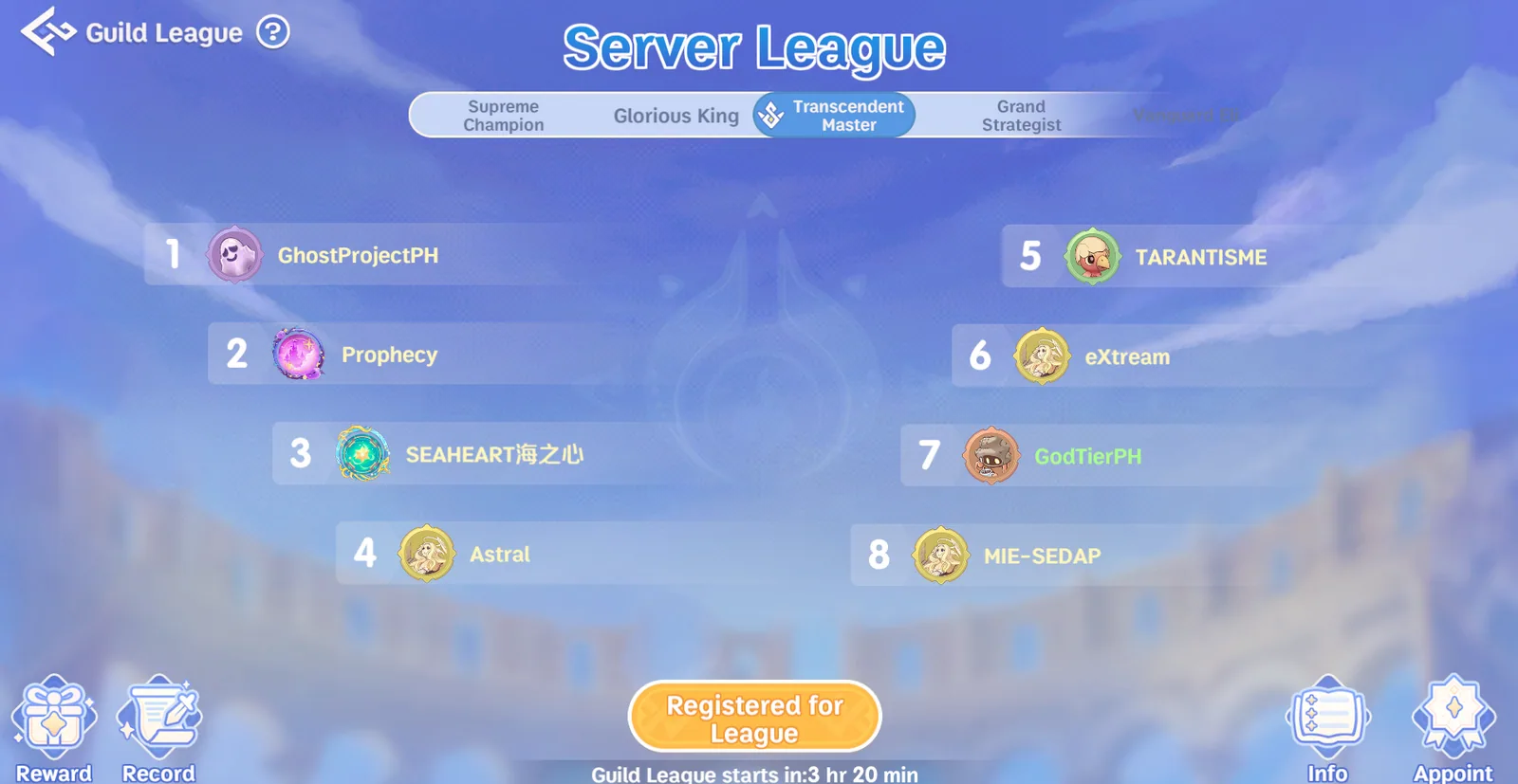 Server League ranking screen showing GodTierPH listed on the Transcendent Master board.