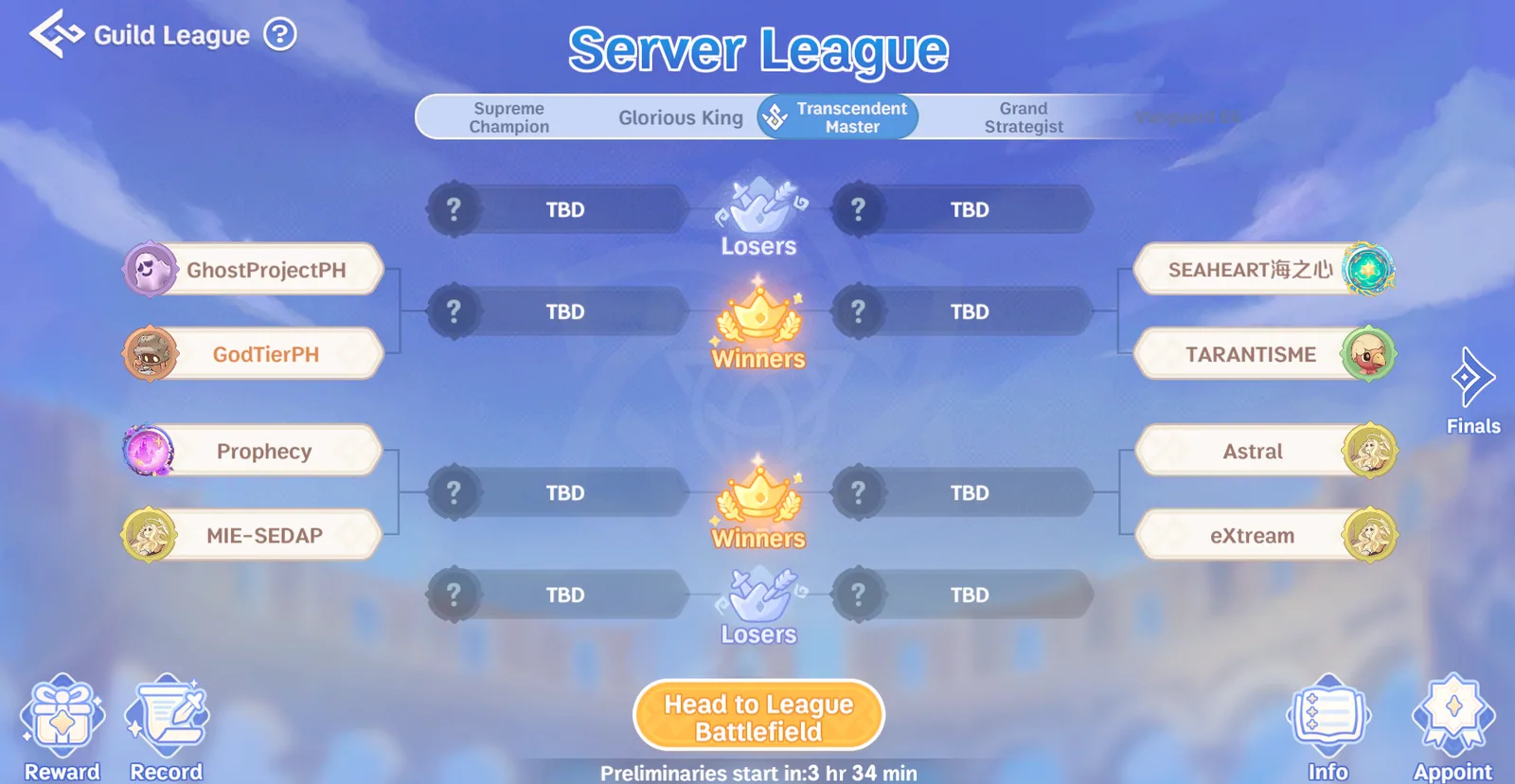 Server League preliminary bracket from August 25, 2026.