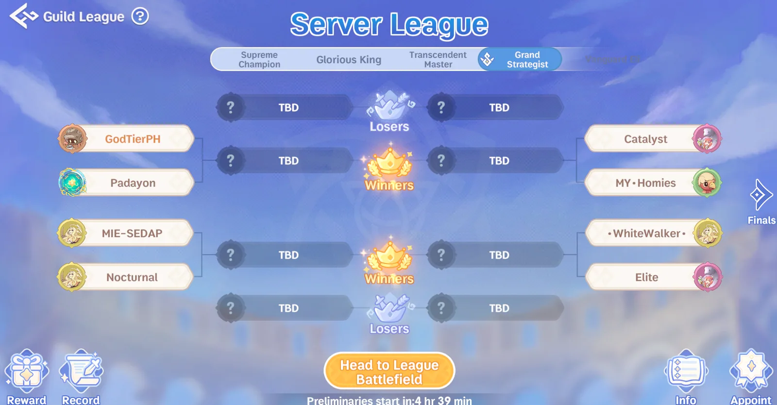 Server League Grand Strategist bracket for September 1, 2026 showing GodTierPH matched against Padayon.