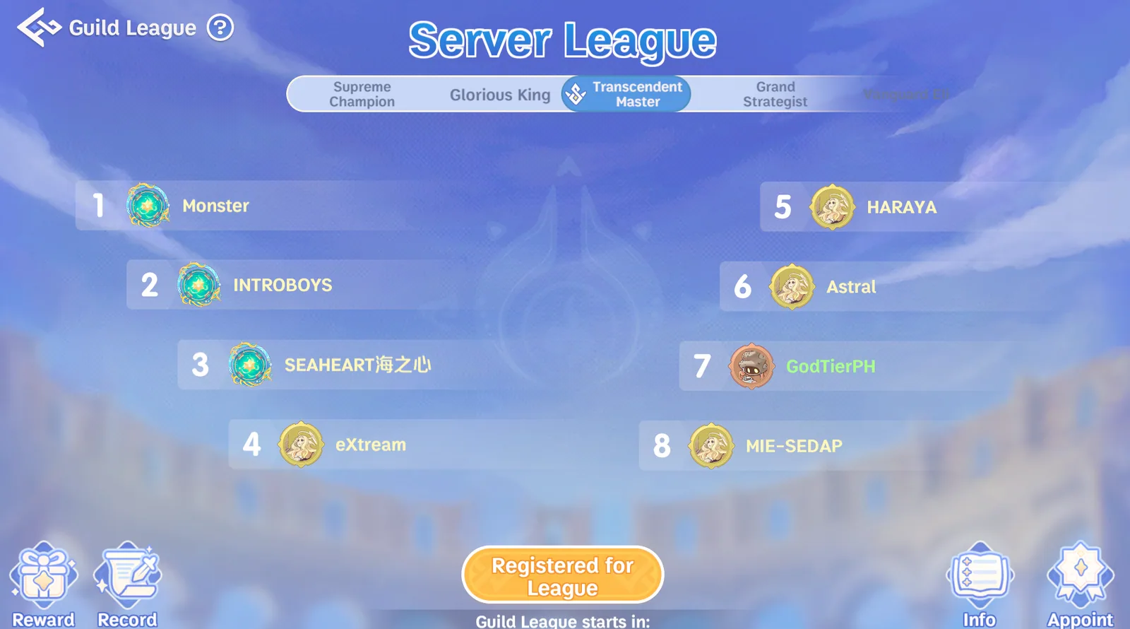 Server League Transcendent Master board for September 8, 2026 showing GodTierPH ranked seventh.