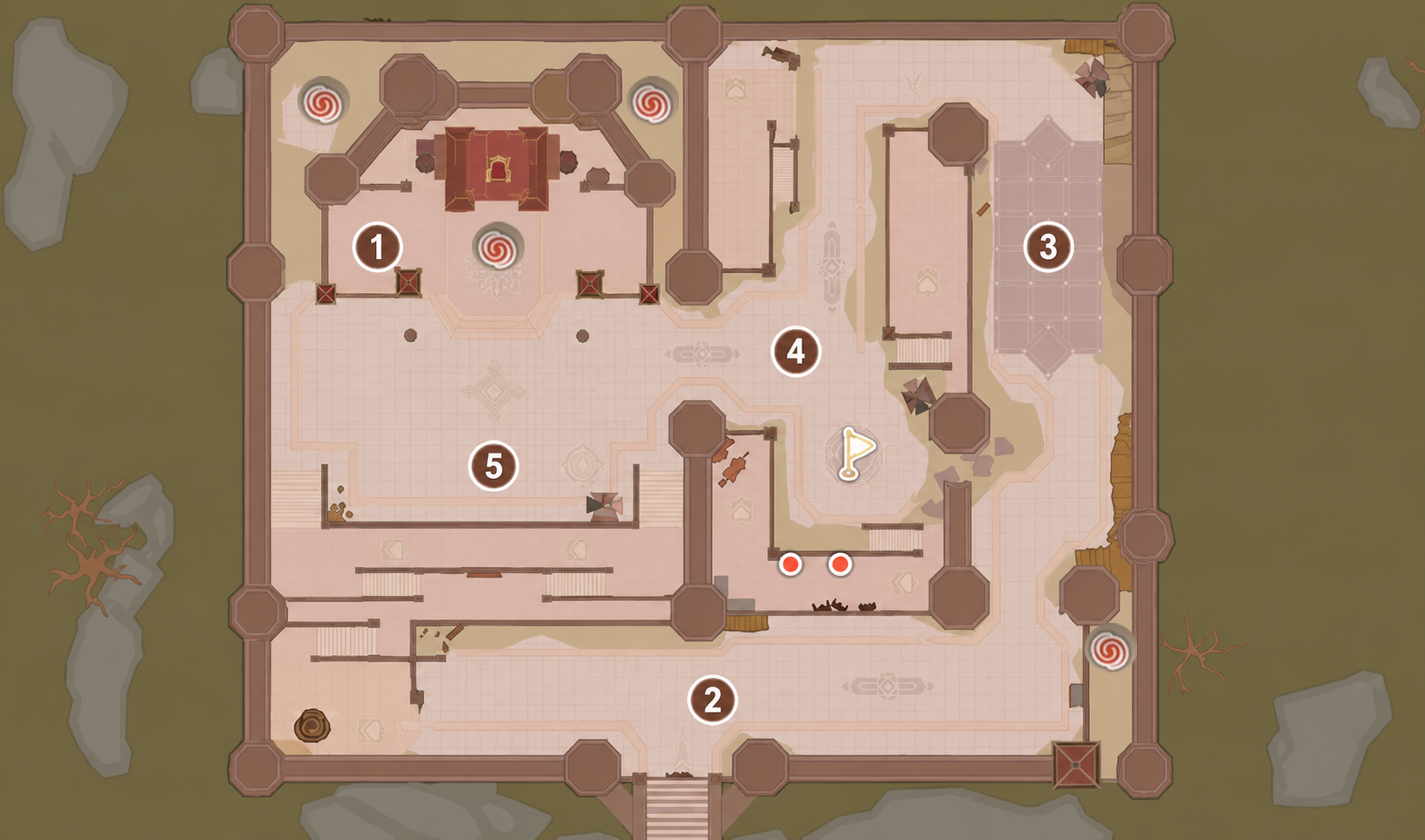 Siege Map 1 showing the upper-left red portal secret passage entrance.