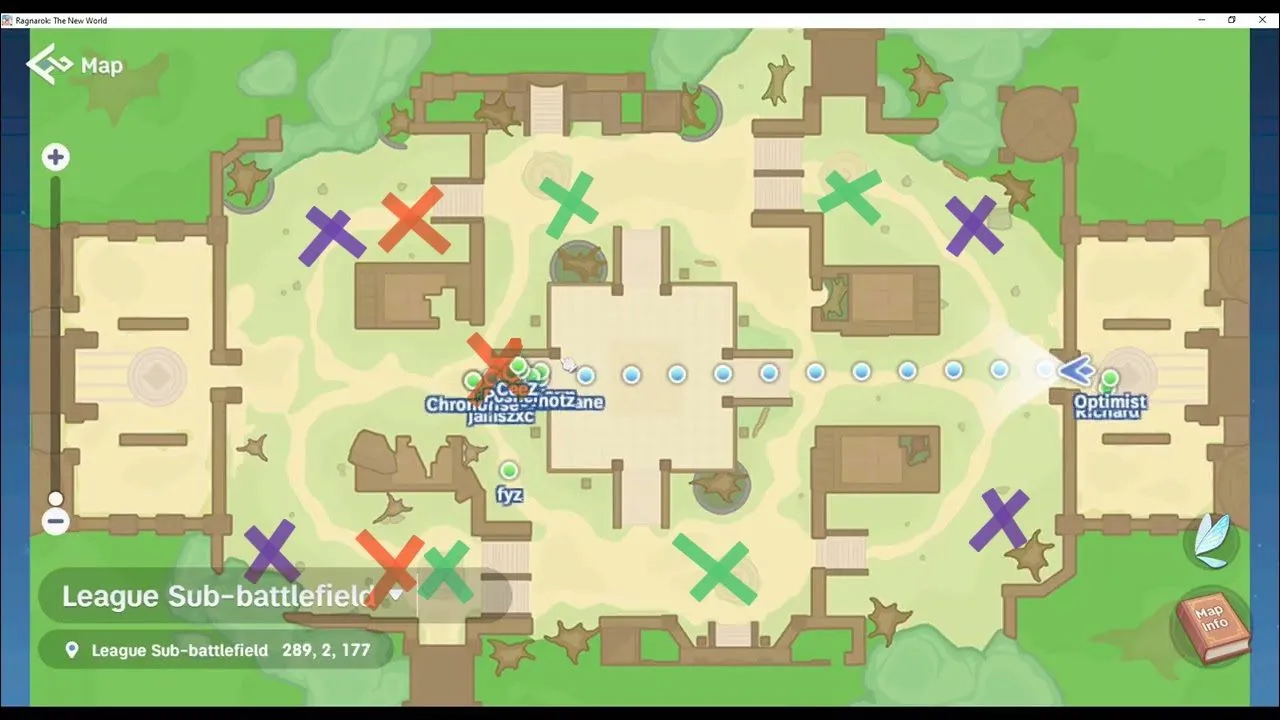 Sub League battlefield map with violet mineral areas, green MVP areas, and orange party stations