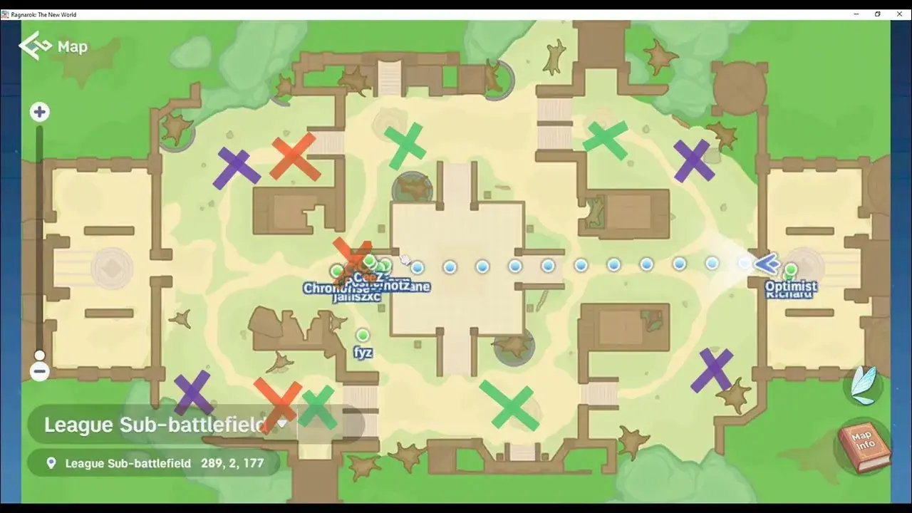 Sub League battlefield map with violet mineral areas, green MVP areas, and orange party stations